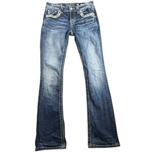 Miss Me Mid Rise Bootcut Jeans Dark Wash Embroidered Rhinestone Size 28